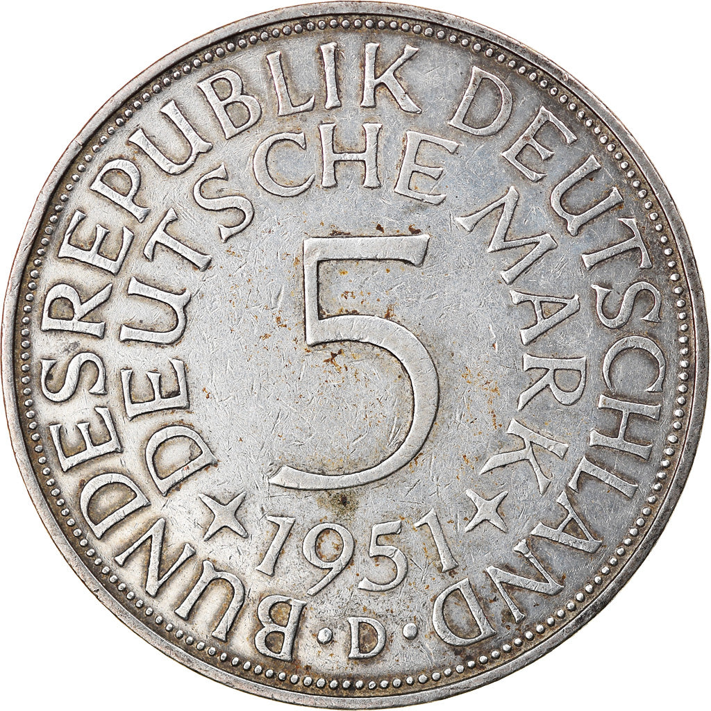Coin, GERMANY - FEDERAL REPUBLIC, 5 Mark, 1951, Munich, EF(40-45), Silver