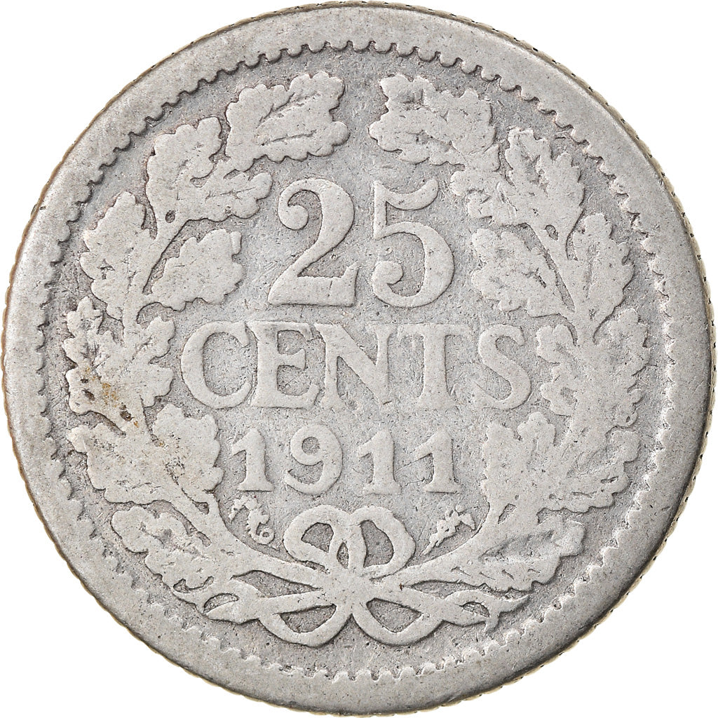 Coin, Netherlands, Wilhelmina I, 25 Cents, 1911, F(12-15), Silver, KM:146