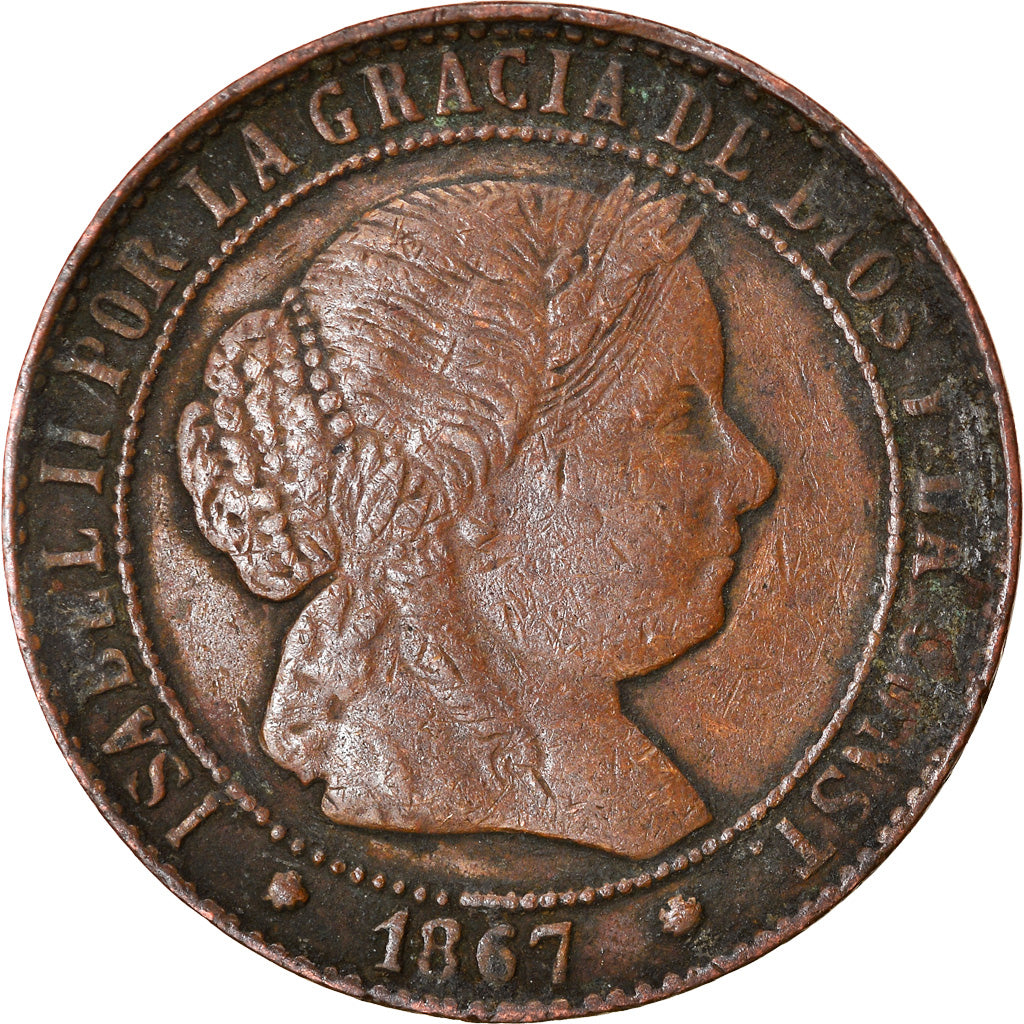 Coin, Spain, Isabel II, 2-1/2 Centimos, 1867, VF(20-25), Copper, KM:634.1