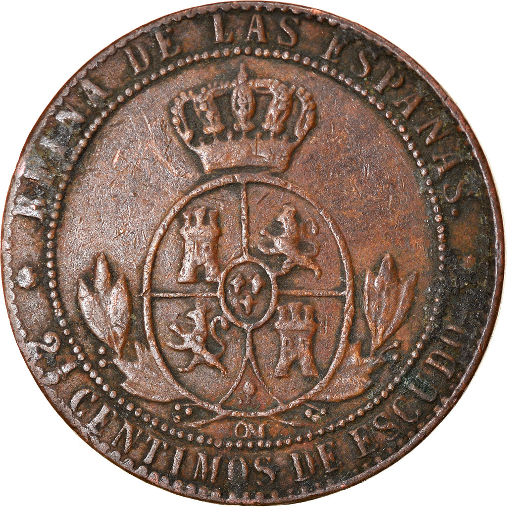 Coin, Spain, Isabel II, 2-1/2 Centimos, 1867, VF(20-25), Copper, KM:634.1