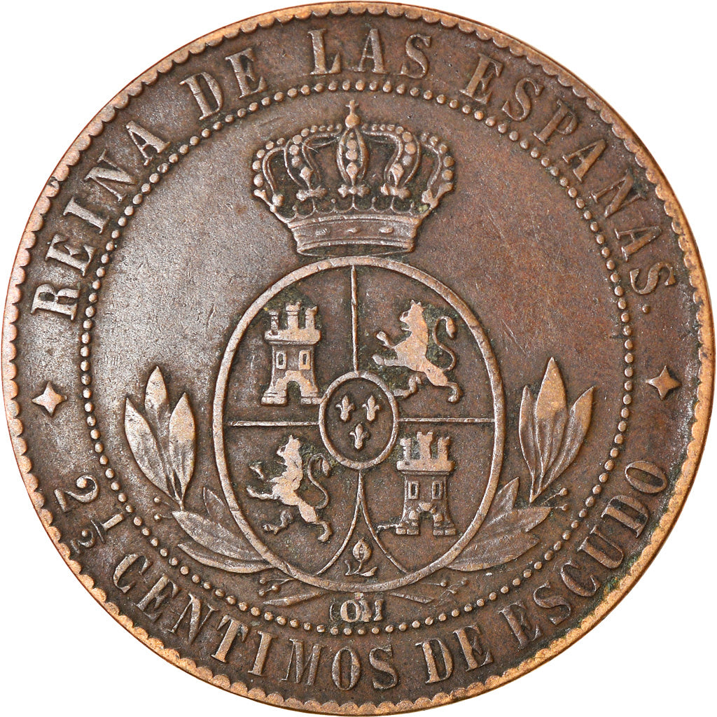 Coin, Spain, Isabel II, 2-1/2 Centimos, 1868, EF(40-45), Copper, KM:634.1