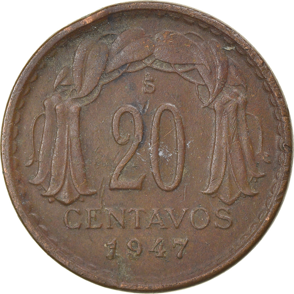 Coin, Chile, 20 Centavos, 1947, EF(40-45), Copper, KM:177