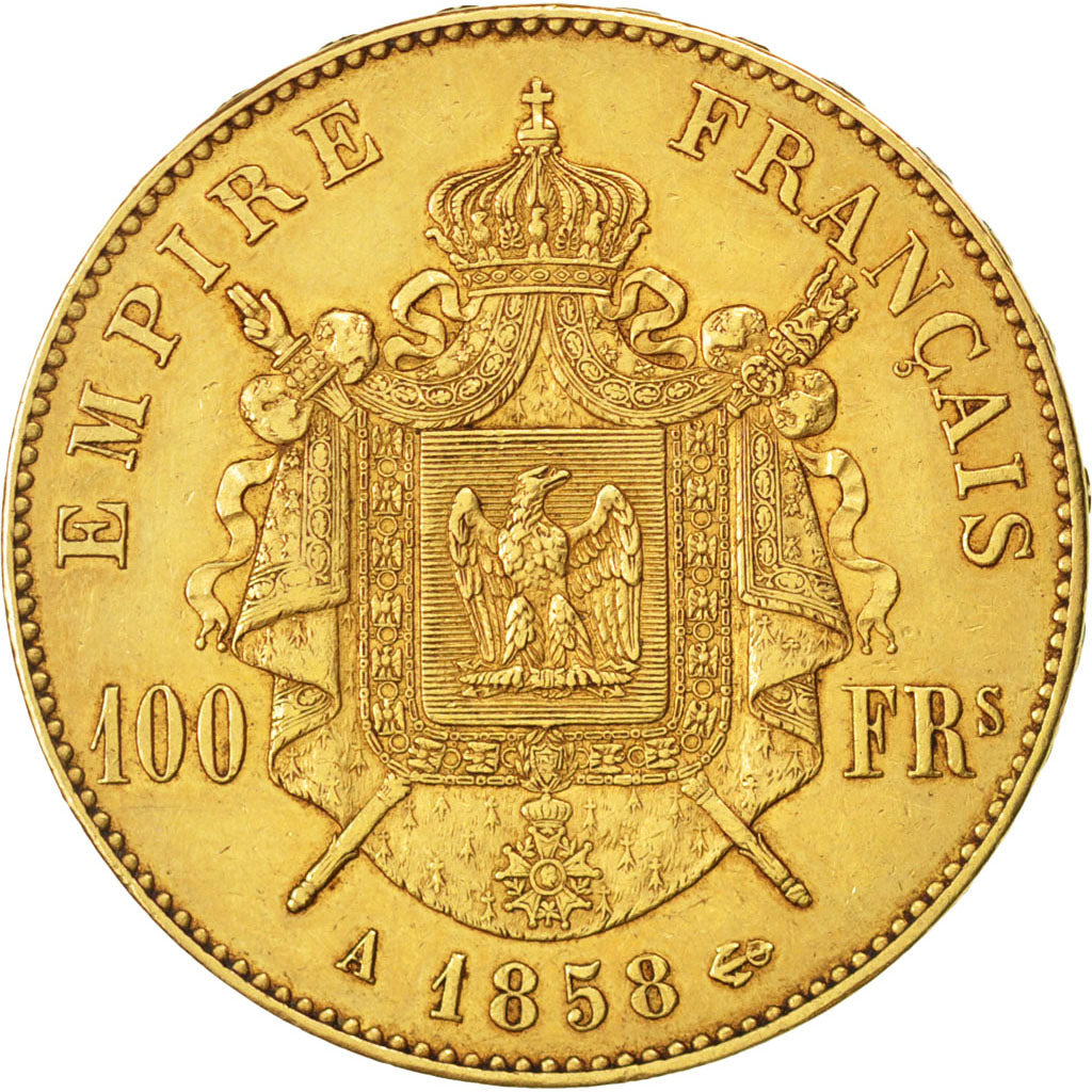 Second Empire, 100 Francs or Napoléon III tête nue 1858 A, KM 786.1
