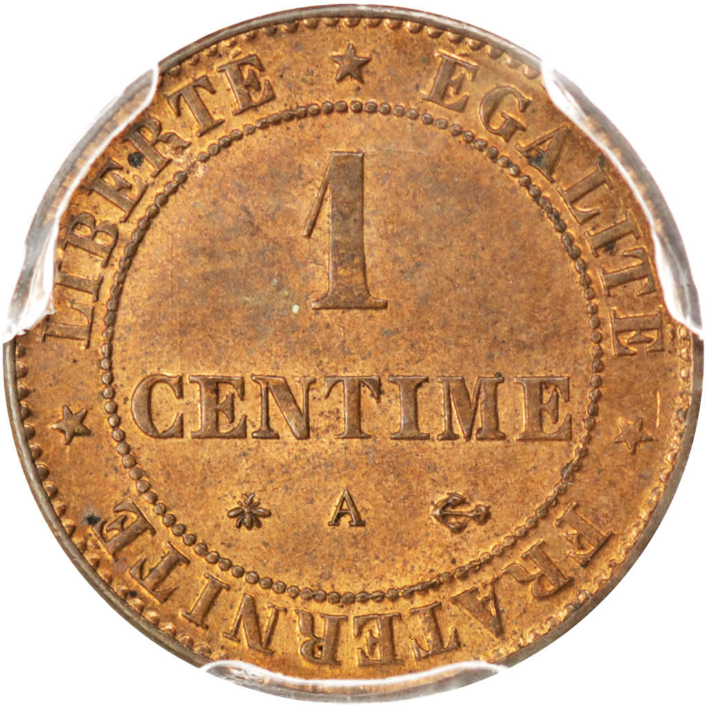 FRANCE, Cérès, Centime, 1878, Paris, KM #826.1, graded, PCGS, MS(64), Bronze, G.