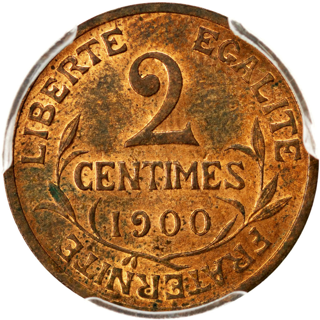 FRANCE, 2 Centimes, 1900, KM #841, graded, PCGS, MS(63), Bronze, Gadoury #107,..