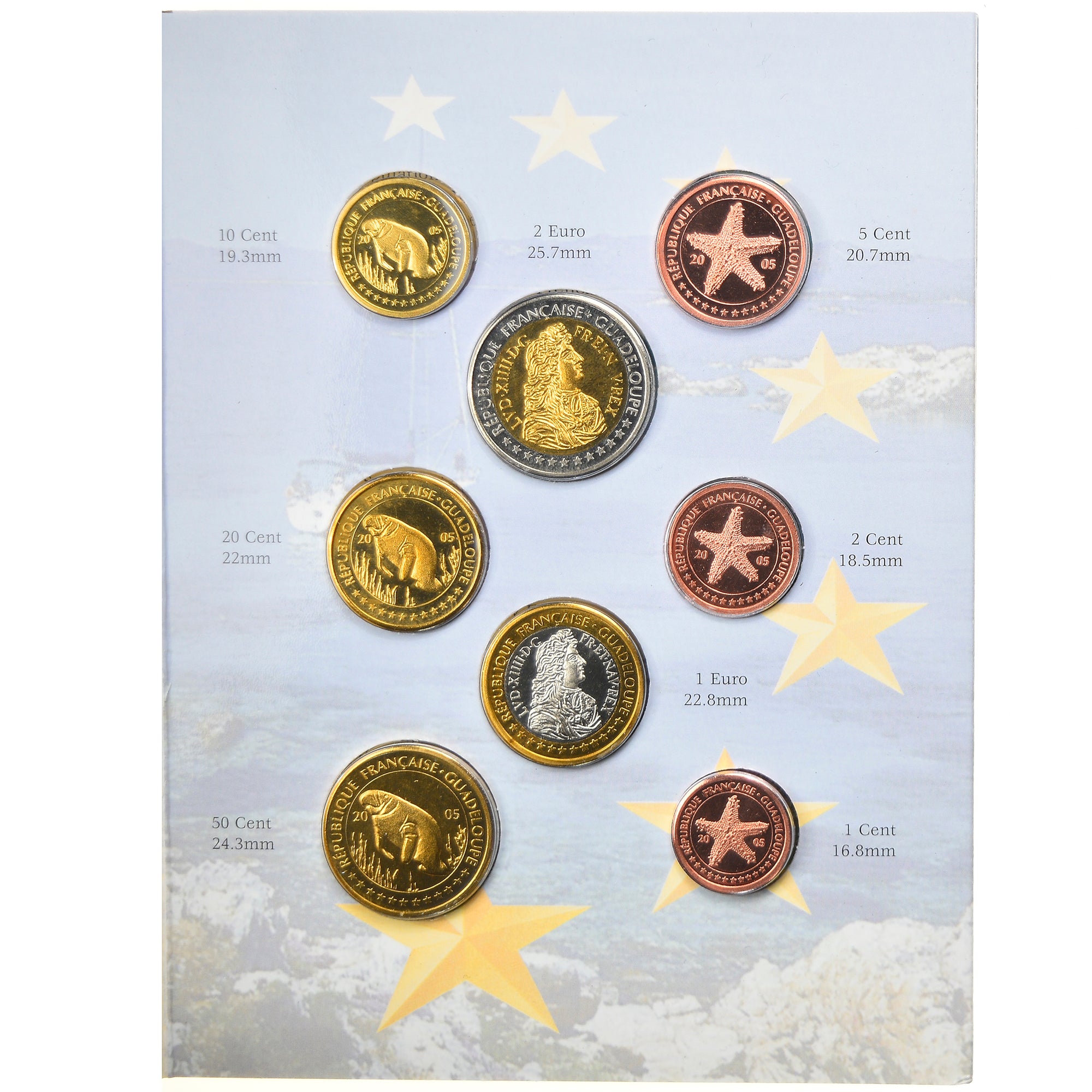 Guadalupe, 1 Cent to 2 Euro, 2005, unofficial private coin, FDC, N.C.