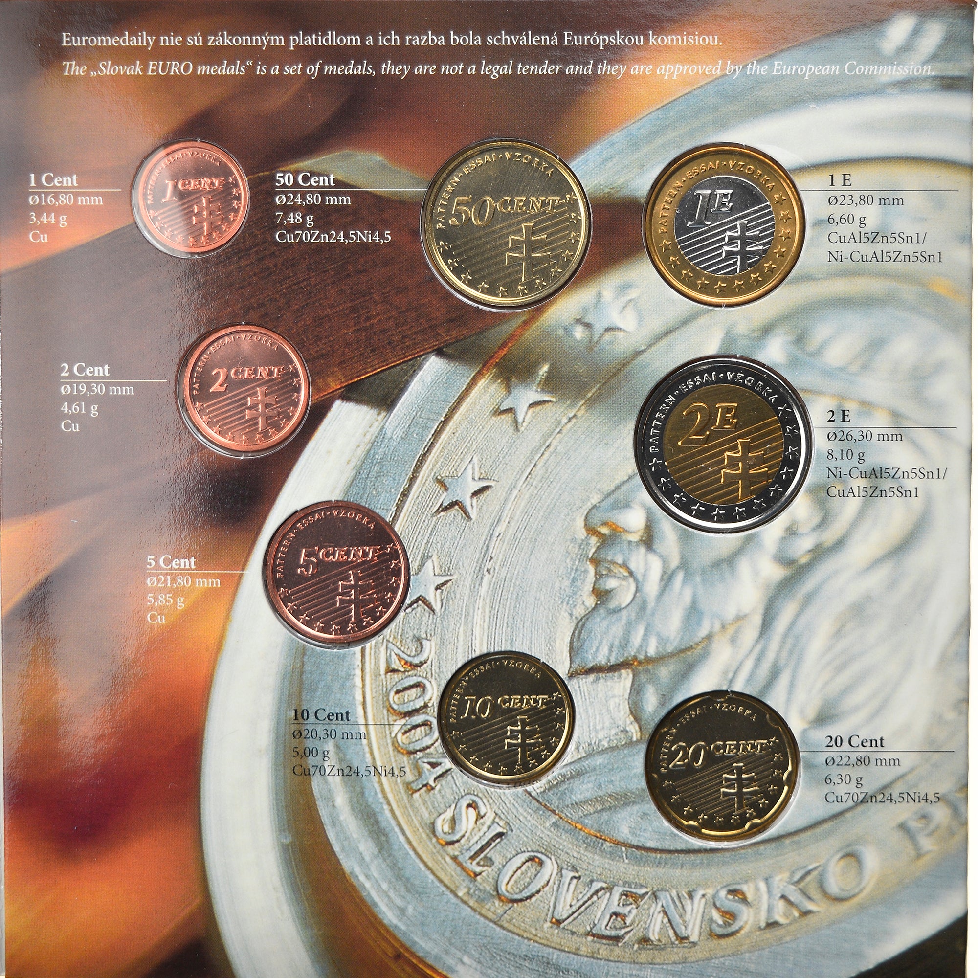 Slovacchia, 1 Cent to 2 Euro, 2004, unofficial private coin, FDC, N.C.