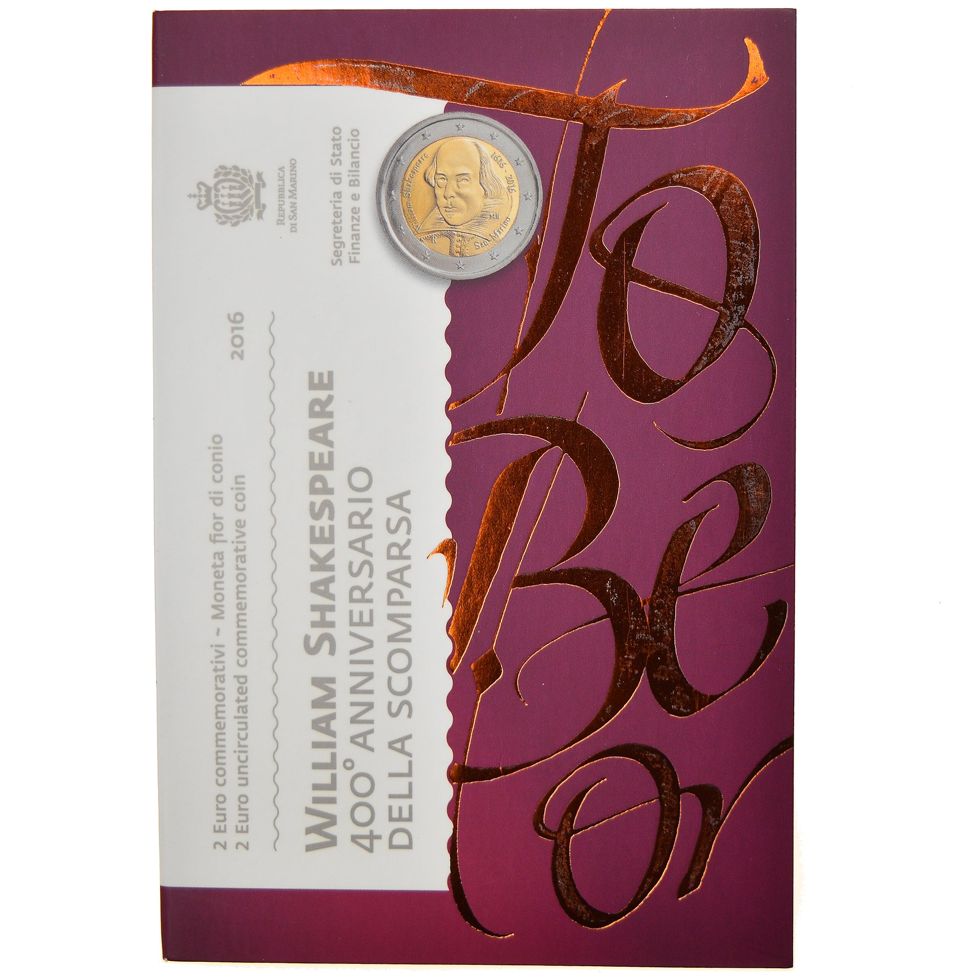 San Marino, 2 Euro, William Shakespeare, 400th anniversary, 2016, MS(65-70)