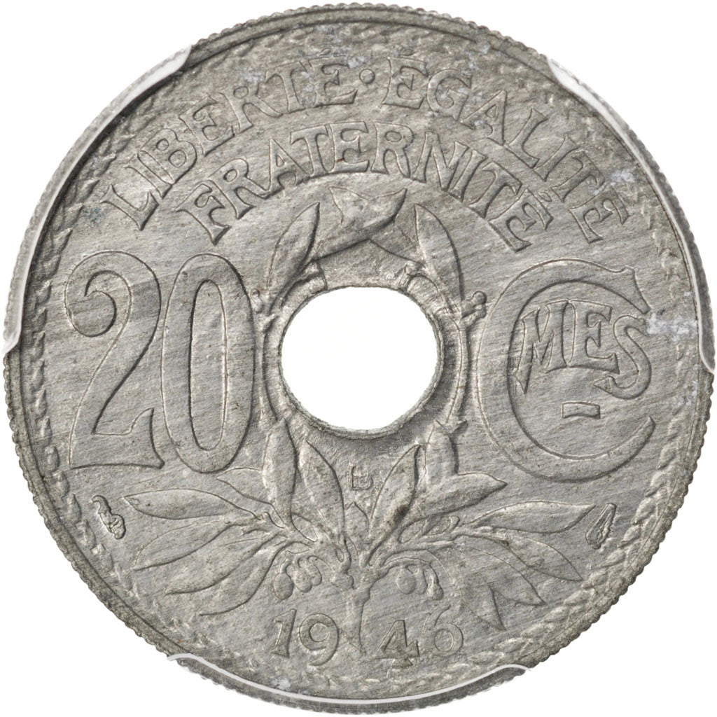 FRANCE, 20 Centimes, 1946, Beaumont le Roger, KM #907.2, graded, PCGS, MS(64),..