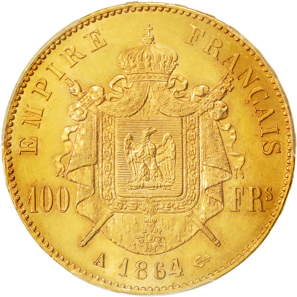 Second Empire, 100 Francs or Napoléon III tête laurée 1864 A, PCGS MS62, KM 802.