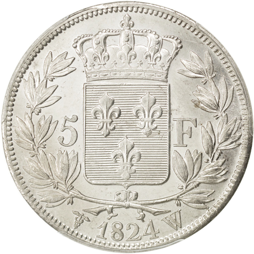 FRANCE, Louis XVIII, 5 Francs, 1824, Paris, KM #711.1, graded, PCGS, MS(60-62),.