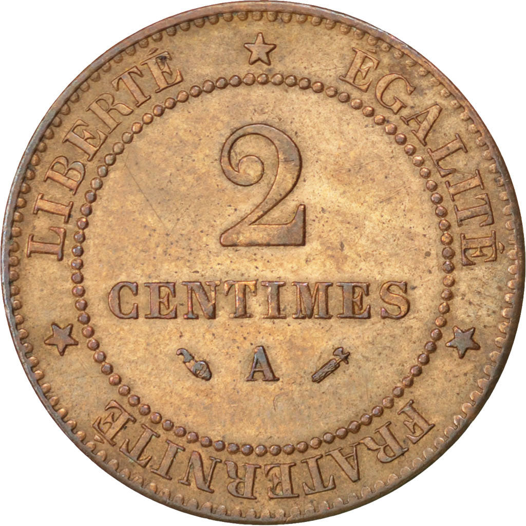 FRANCE, 2 Centimes, 1885, Paris, KM #827.1, EF(40-45), Bronze, Gadoury #105,...