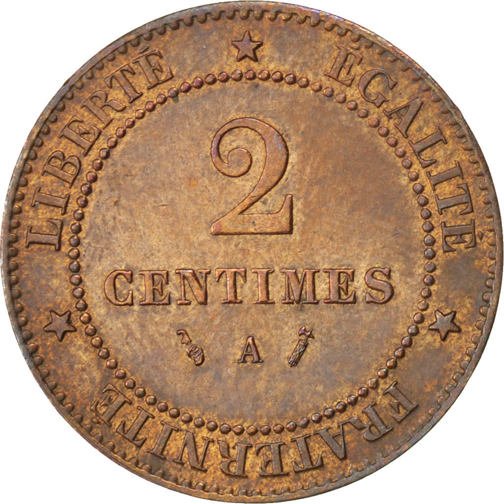 FRANCE, Cérès, 2 Centimes, 1885, Paris, KM #827.1, AU(55-58), Bronze, 20.2, G...