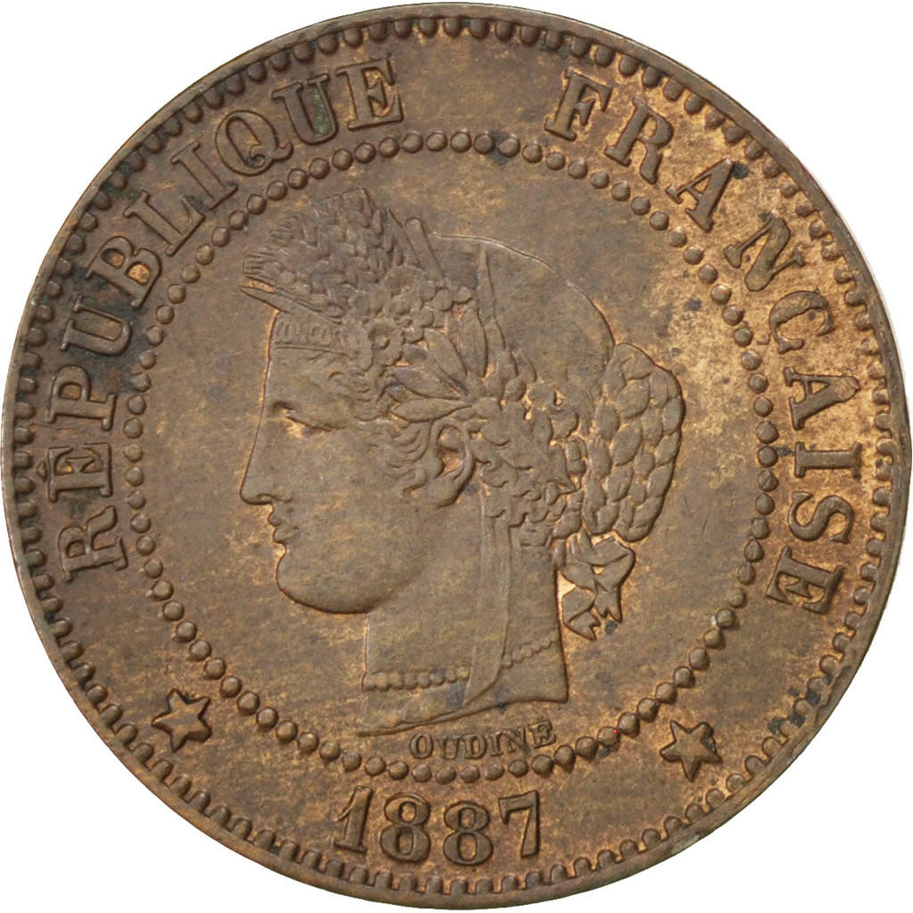 FRANCE, Cérès, 2 Centimes, 1887, Paris, KM #827.1, AU(50-53), Bronze, 20.2, G...