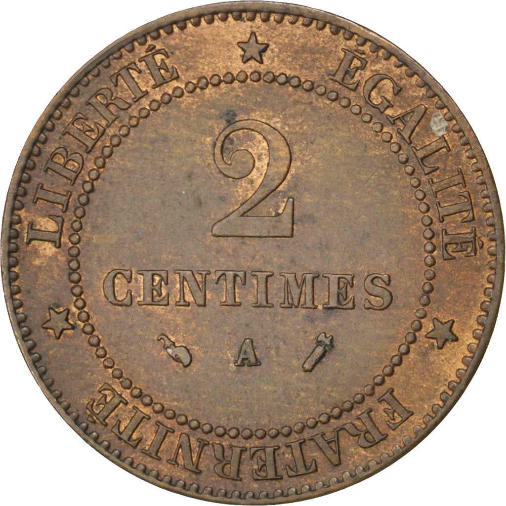 FRANCE, Cérès, 2 Centimes, 1887, Paris, KM #827.1, AU(50-53), Bronze, 20.2, G...