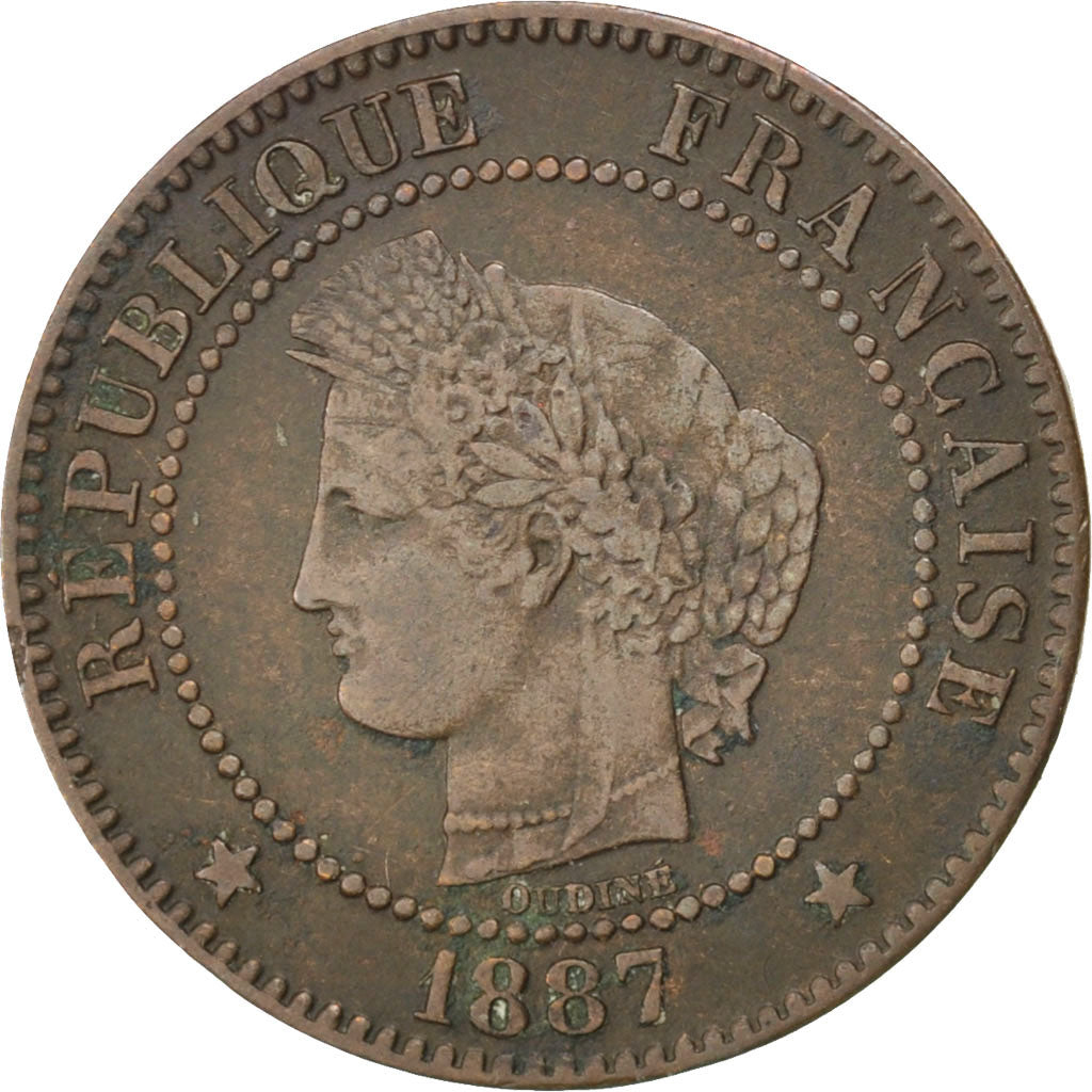 FRANCE, Cérès, 2 Centimes, 1887, Paris, KM #827.1, EF(40-45), Bronze, 20.2, G...