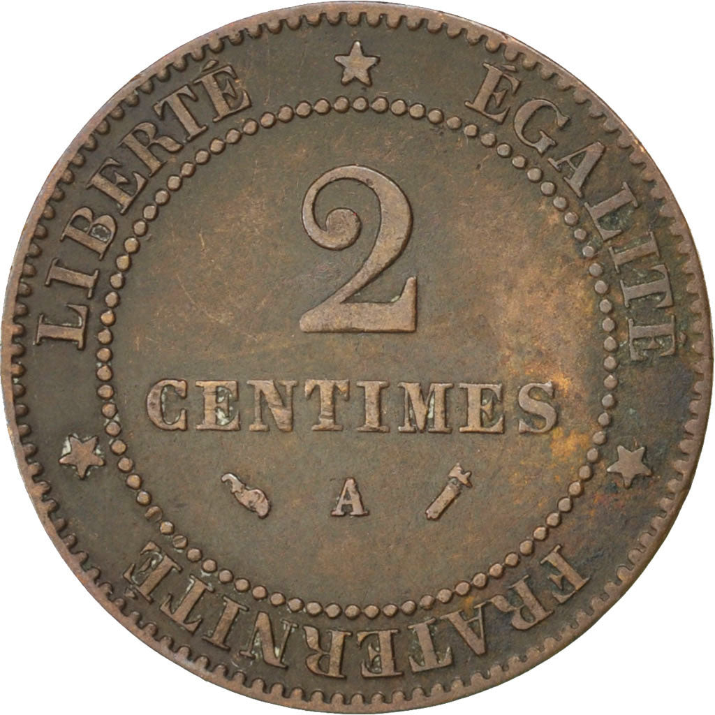 FRANCE, Cérès, 2 Centimes, 1887, Paris, KM #827.1, EF(40-45), Bronze, 20.2, G...