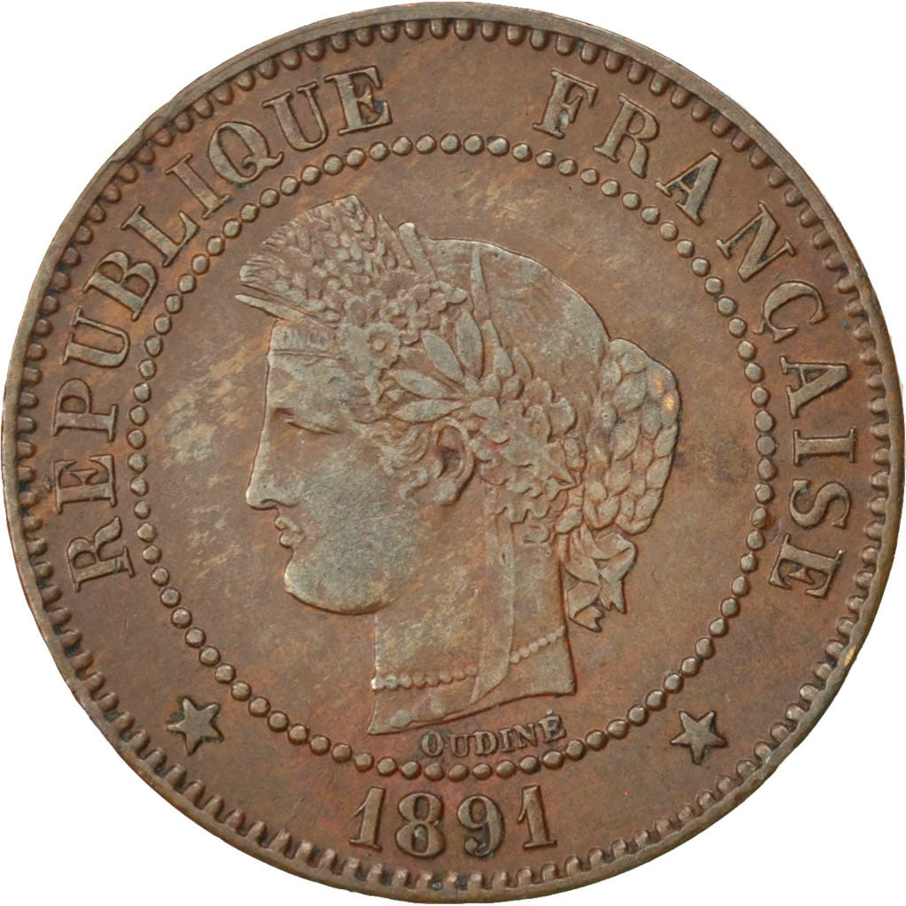 FRANCE, Cérès, 2 Centimes, 1891, Paris, KM #827.1, EF(40-45), Bronze, 20.2, G...