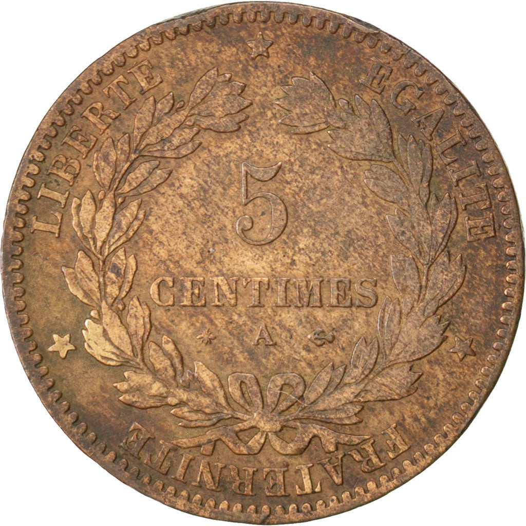 Francia, Cérès, 5 Centimes, 1879, Paris, B+, Bronzo, KM:821.1, Gadoury:157a
