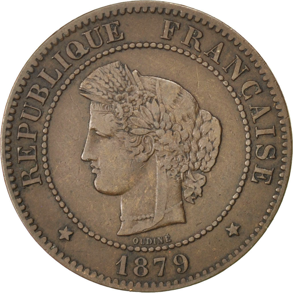 FRANCE, Cérès, 5 Centimes, 1879, Paris, KM #821.1, VF(30-35), Bronze, Gadoury #.