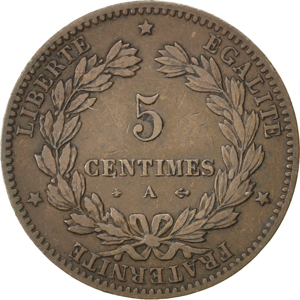FRANCE, Cérès, 5 Centimes, 1879, Paris, KM #821.1, VF(30-35), Bronze, Gadoury #.