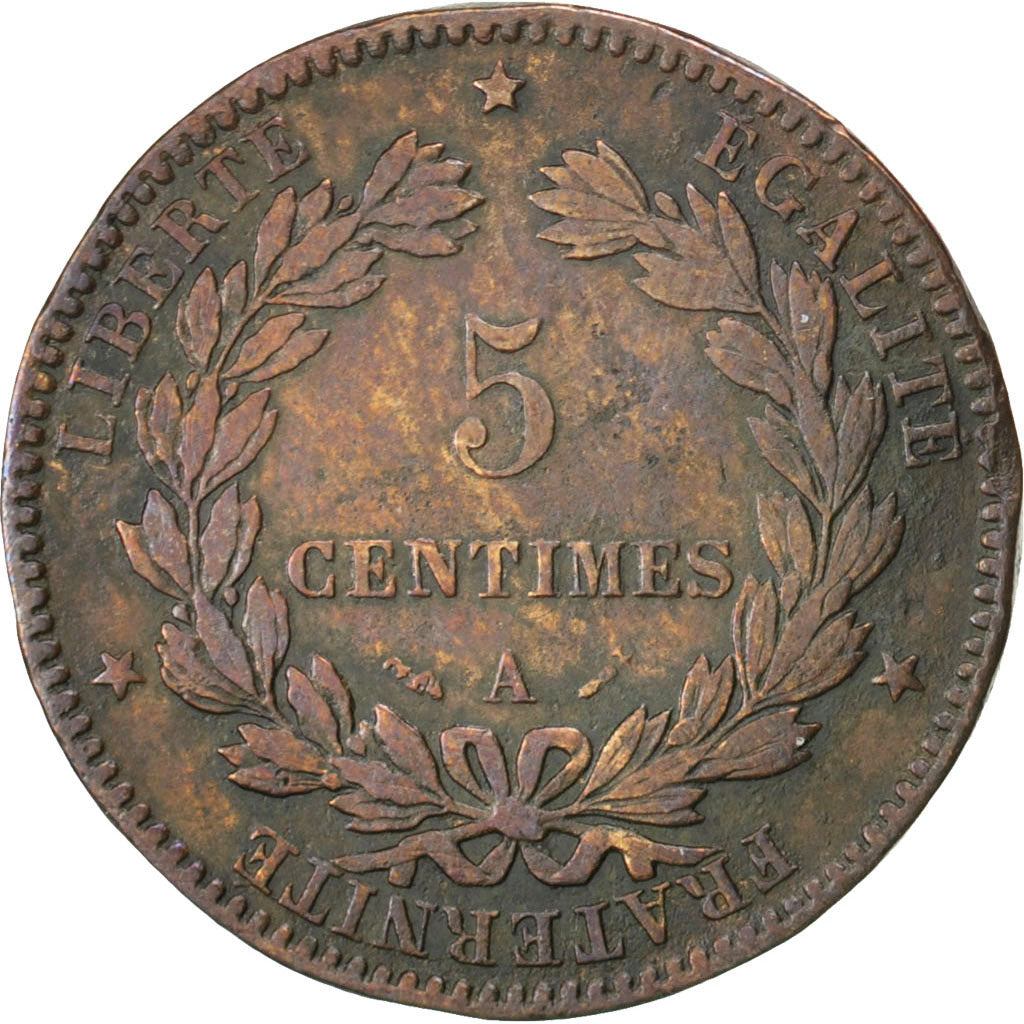 FRANCE, Cérès, 5 Centimes, 1880, Paris, KM #821.1, VF(20-25), Bronze, Gadoury #.