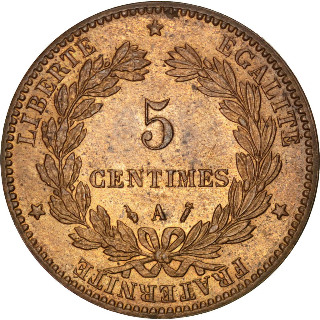 FRANCE, Cérès, 5 Centimes, 1887, Paris, KM #821.1, MS(60-62), Bronze, Gadoury #.