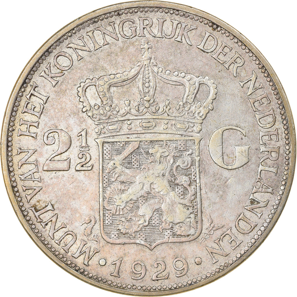 Coin, Netherlands, Wilhelmina I, 2-1/2 Gulden, 1929, VF(30-35), Silver, KM:165
