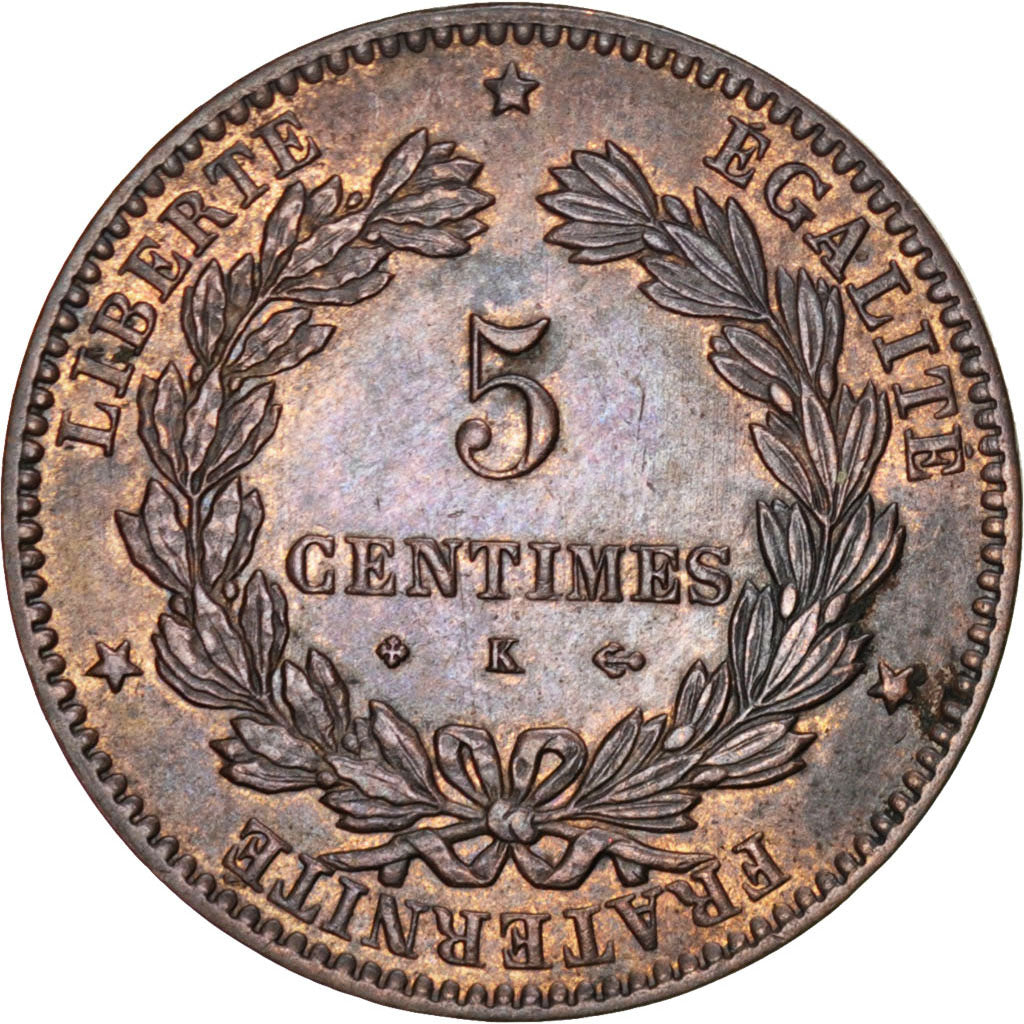 FRANCE, Cérès, 5 Centimes, 1876, Bordeaux, KM #821.2, AU(55-58), Bronze, Gadoury