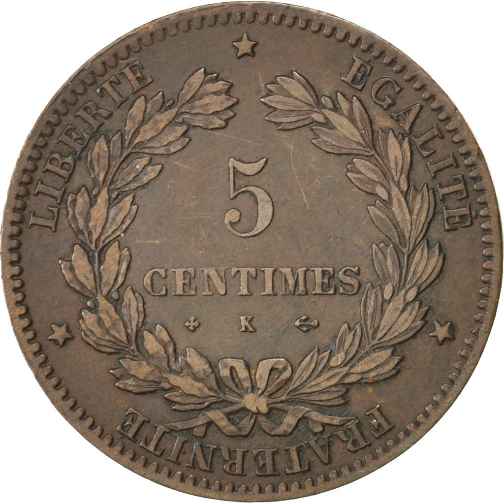 FRANCE, Cérès, 5 Centimes, 1877, Bordeaux, KM #821.2, EF(40-45), Bronze, Gadoury