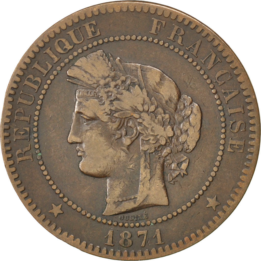 FRANCE, Cérès, 10 Centimes, 1871, Paris, KM #815.1, VF(20-25), Bronze, Gadoury #