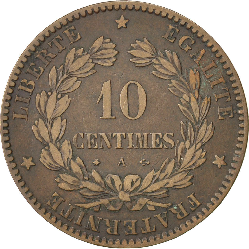 FRANCE, Cérès, 10 Centimes, 1871, Paris, KM #815.1, VF(20-25), Bronze, Gadoury #