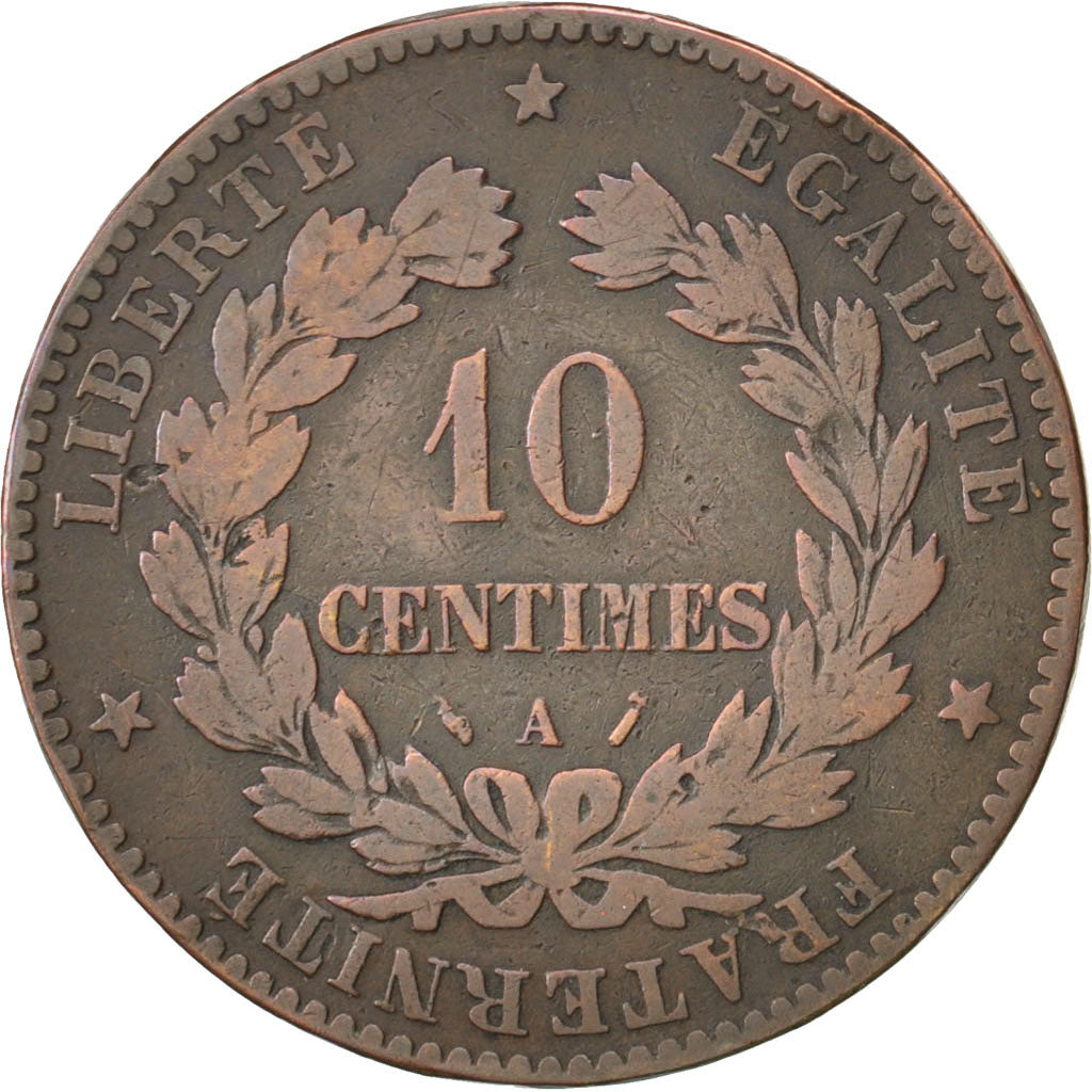 Francia, Cérès, 10 Centimes, 1882, Paris, B+, Bronzo, KM:815.1, Gadoury:265a