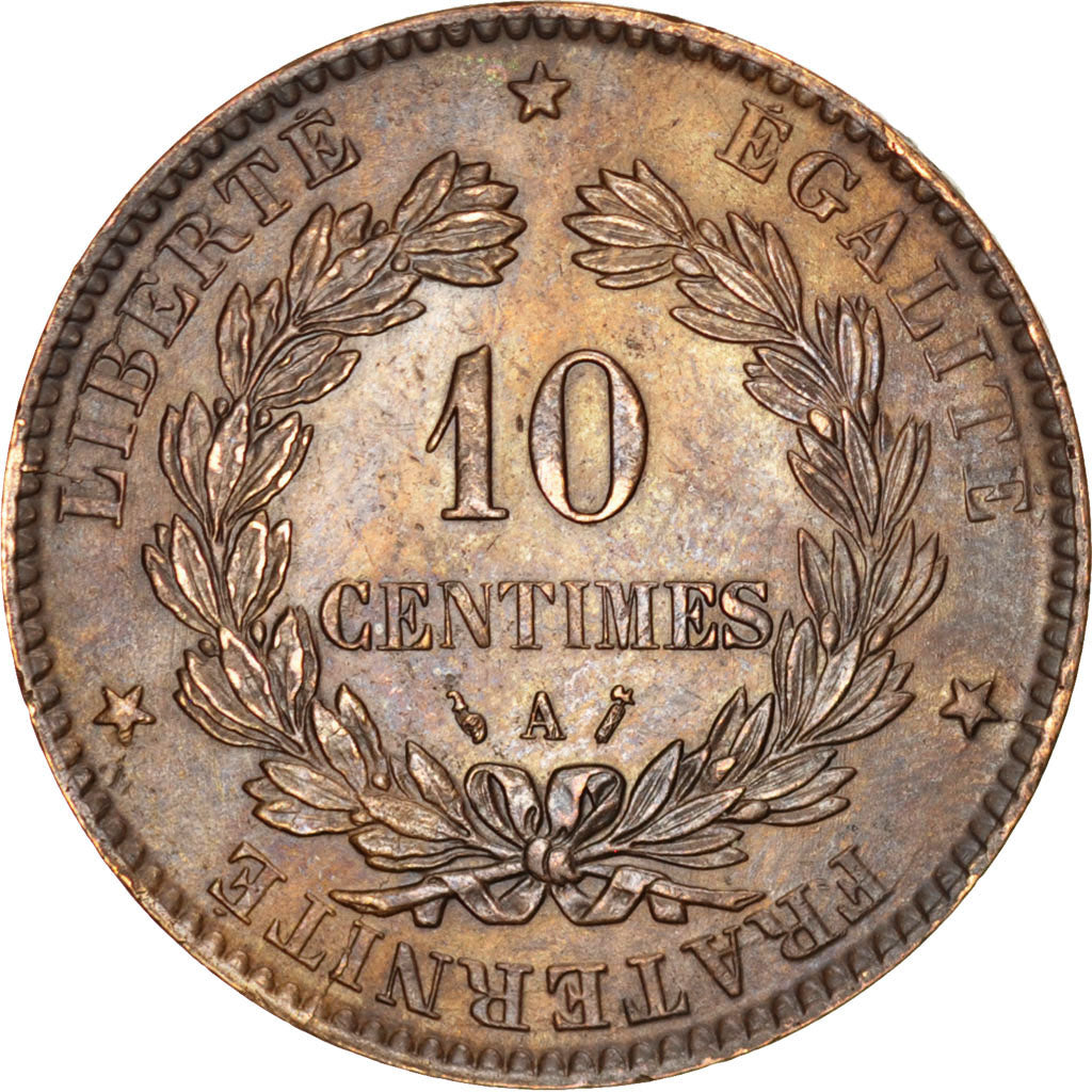 FRANCE, Cérès, 10 Centimes, 1885, Paris, KM #815.1, AU(55-58), Bronze, Gadoury #