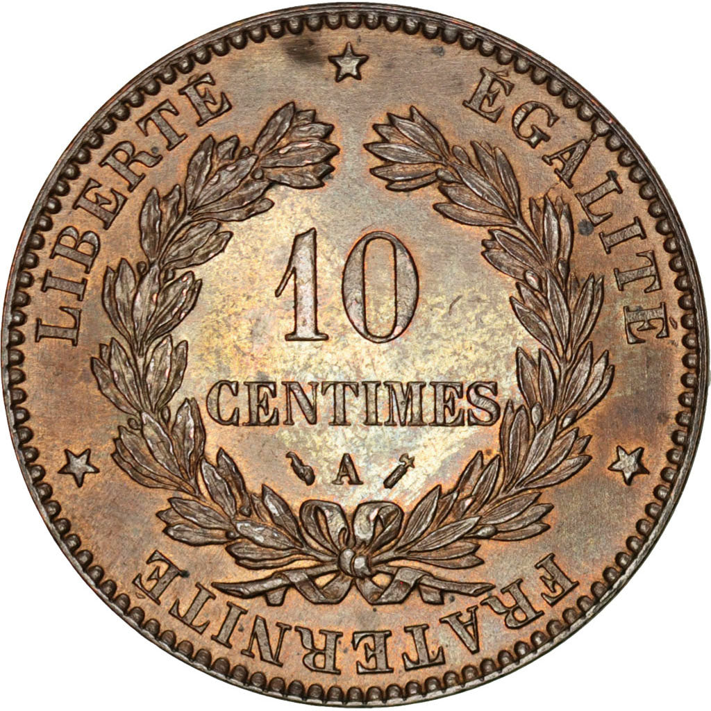 FRANCE, Cérès, 10 Centimes, 1886, Paris, KM #815.1, MS(60-62), Bronze, Gadoury #