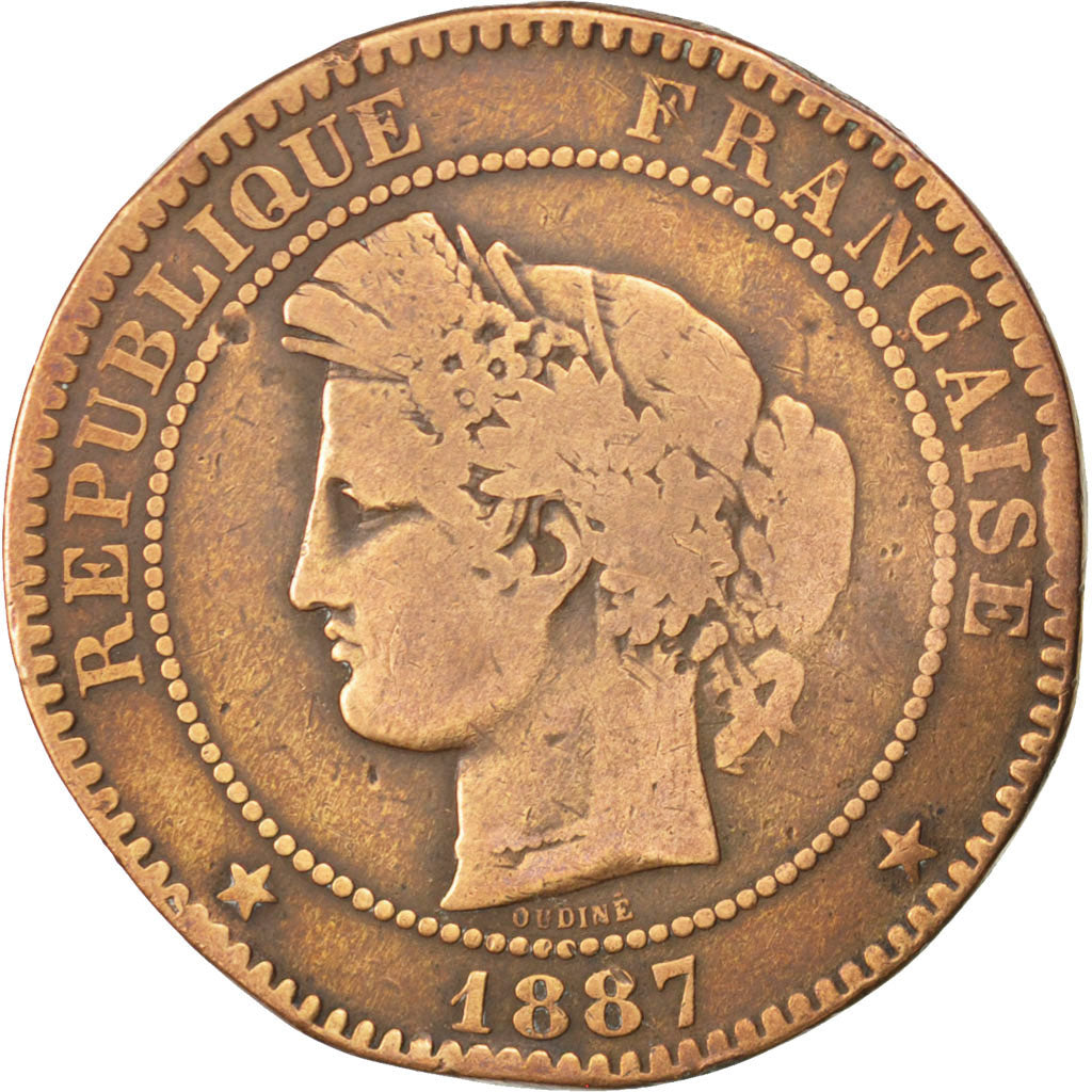 FRANCE, Cérès, 10 Centimes, 1887, Paris, KM #815.1, VG(8-10), Bronze, Gadoury #.