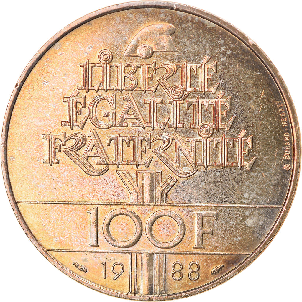 Coin, France, Fraternité, 100 Francs, 1988, EF(40-45), Silver, KM:966