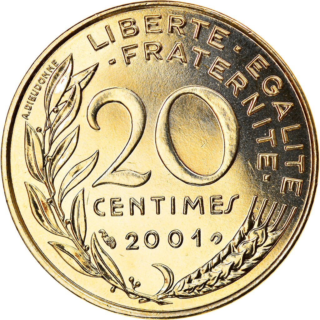 Moneta, Francja, Marianne, 20 Centimes, 2001, Paris, MS(65-70), Aluminium-Brąz