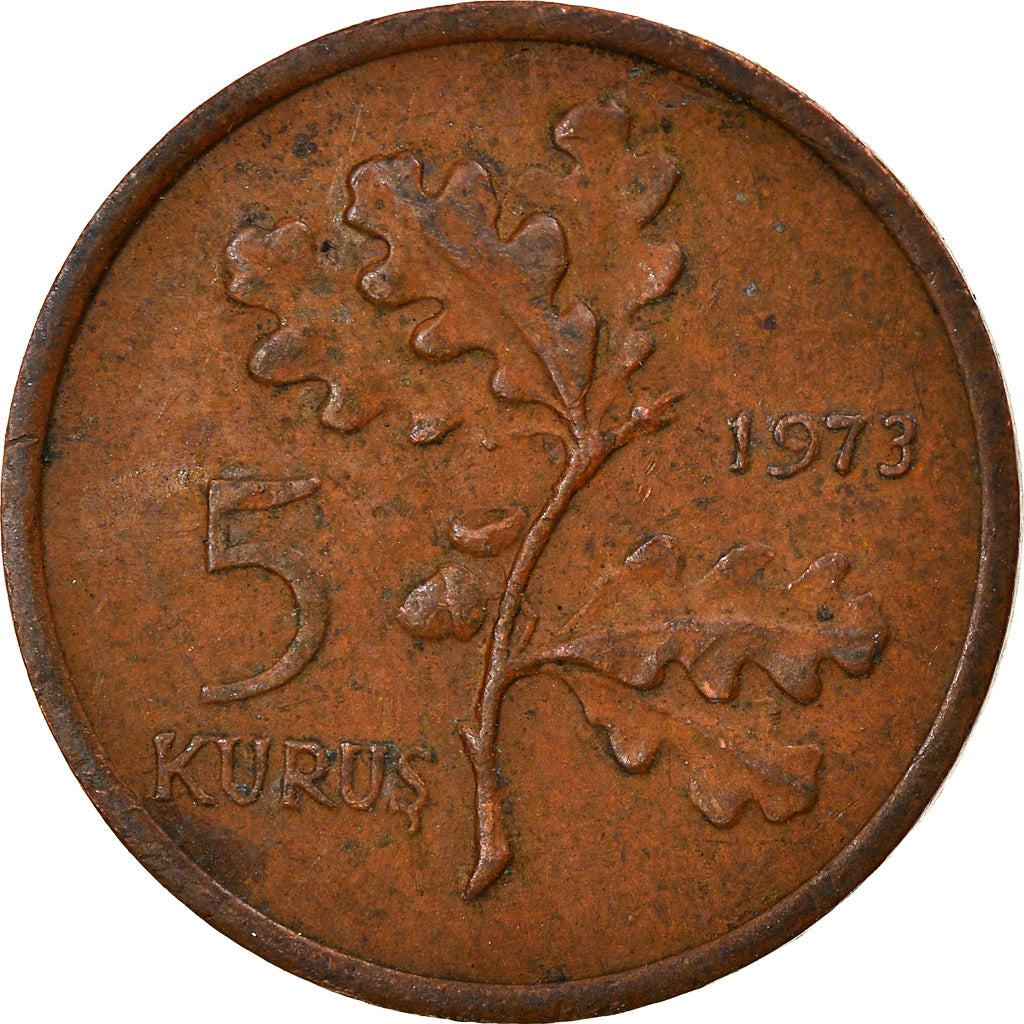 Moneda, Turquía, 5 Kurus, 1973, MBC, Bronce, KM:890.2