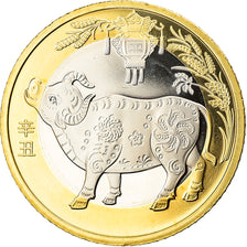 Coin, China, Année du Buffle, Buffle, 10 Yüan, 2021, MS(63), Bi-Metallic