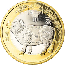 Coin, China, Année du Buffle, Buffle, 10 Yüan, 2021, MS(63), Bi-Metallic