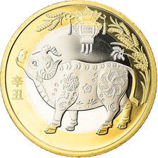Coin, China, Année du Buffle, Buffle, 10 Yüan, 2021, MS(63), Bi-Metallic