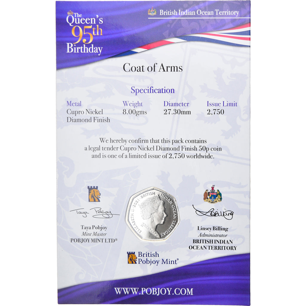 Moneda, British Indian Ocean, The Queen's 95th Birthday, 50 Pence, 2021, FDC