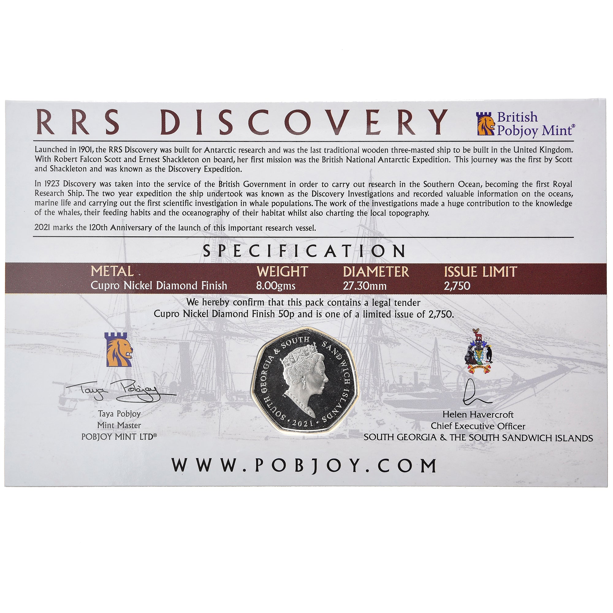 Coin, South Georgia and the South Sandwich Islands, RRS Discovery, 50 Pence