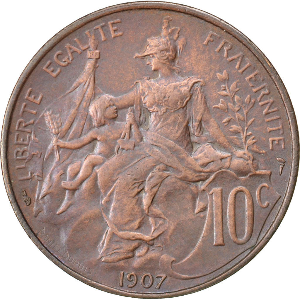 FRANCE, Dupuis, 10 Centimes, 1907, Paris, KM #843, AU(50-53), Bronze, 30,...