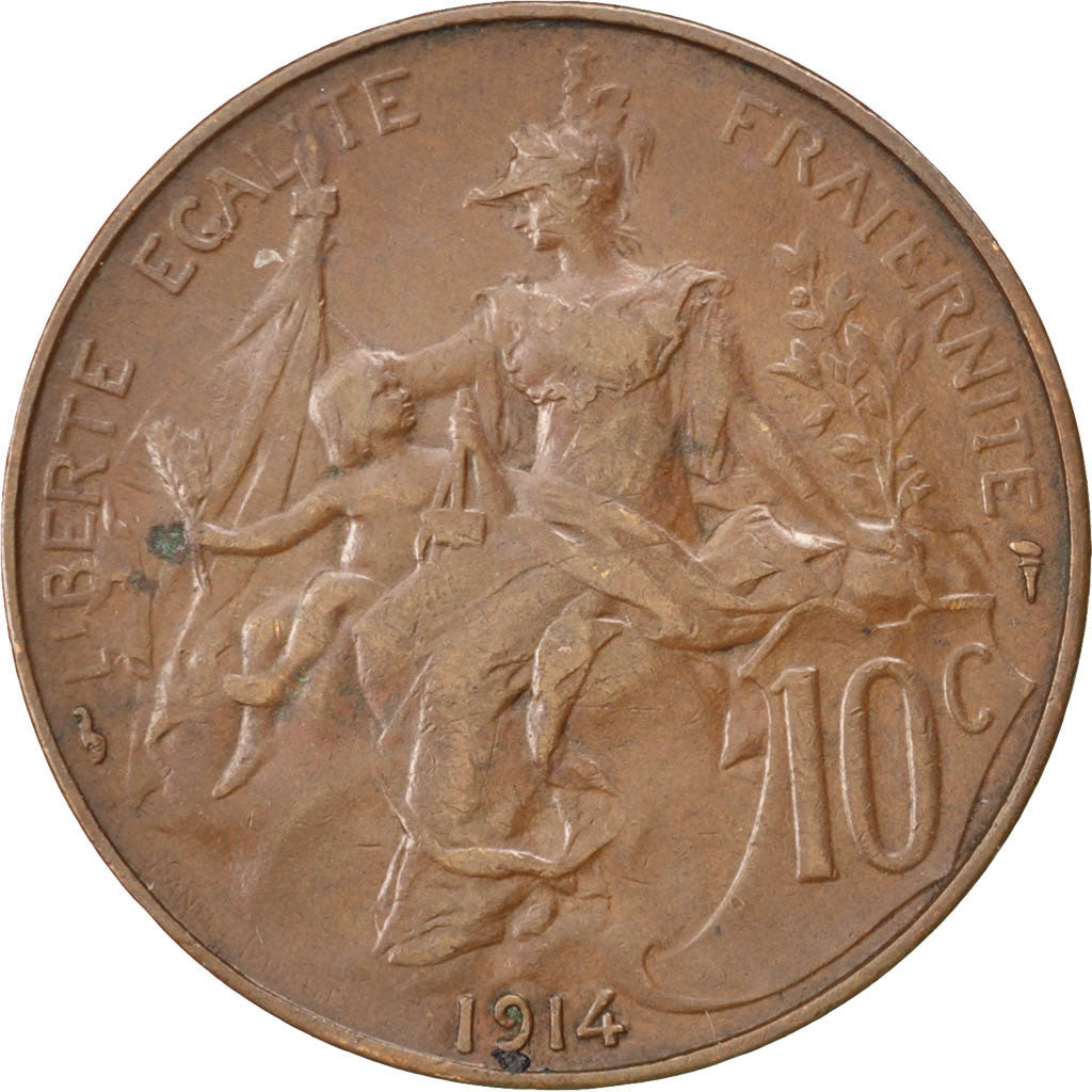 FRANCE, 10 Centimes, 1914, KM #843, EF(40-45), Bronze, Gadoury #277, 10.14