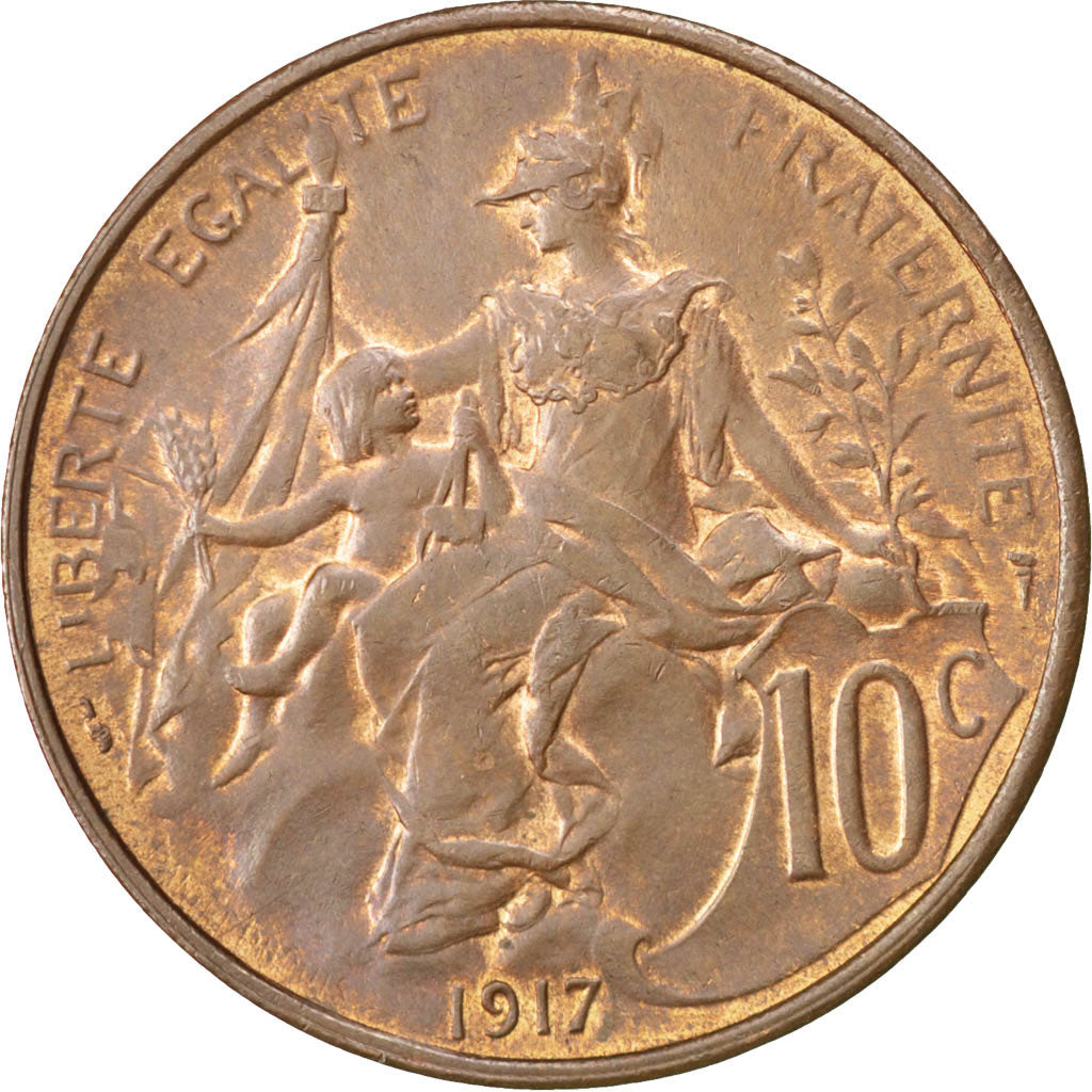 FRANCE, Dupuis, 10 Centimes, 1917, Paris, KM #843, MS(60-62), Bronze, 30,...