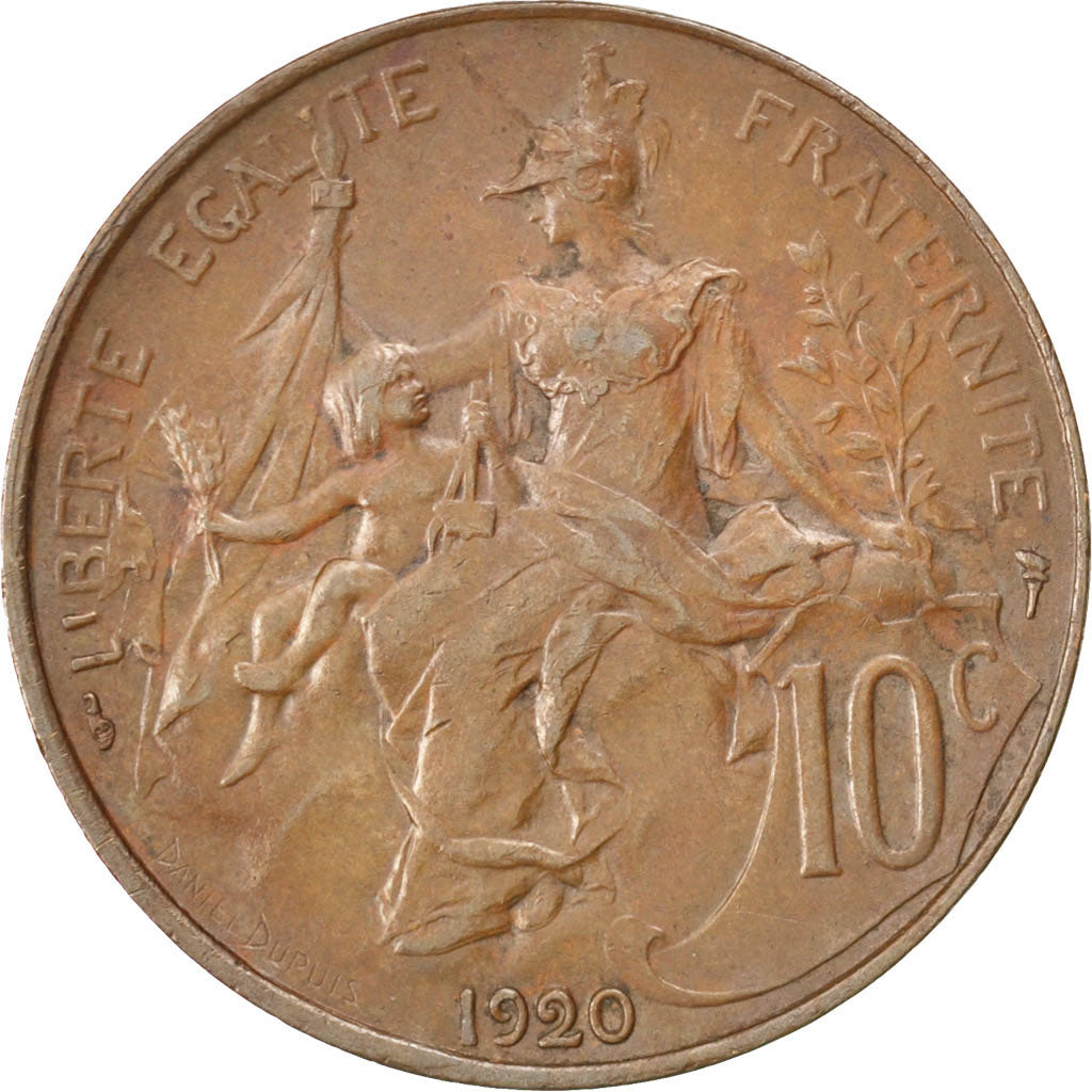FRANCE, Dupuis, 10 Centimes, 1920, Paris, KM #843, AU(50-53), Bronze, 30,...
