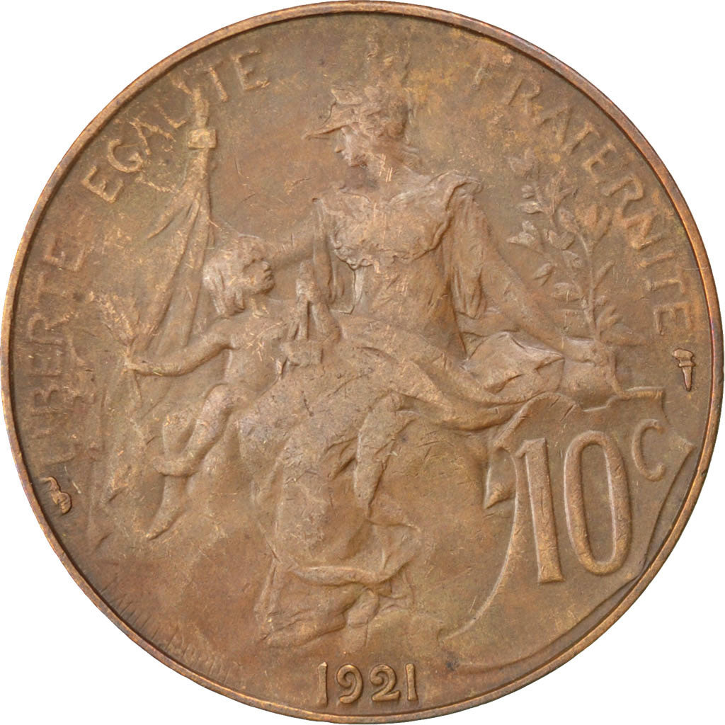 FRANCE, Dupuis, 10 Centimes, 1921, Paris, KM #843, EF(40-45), Bronze, 30,...