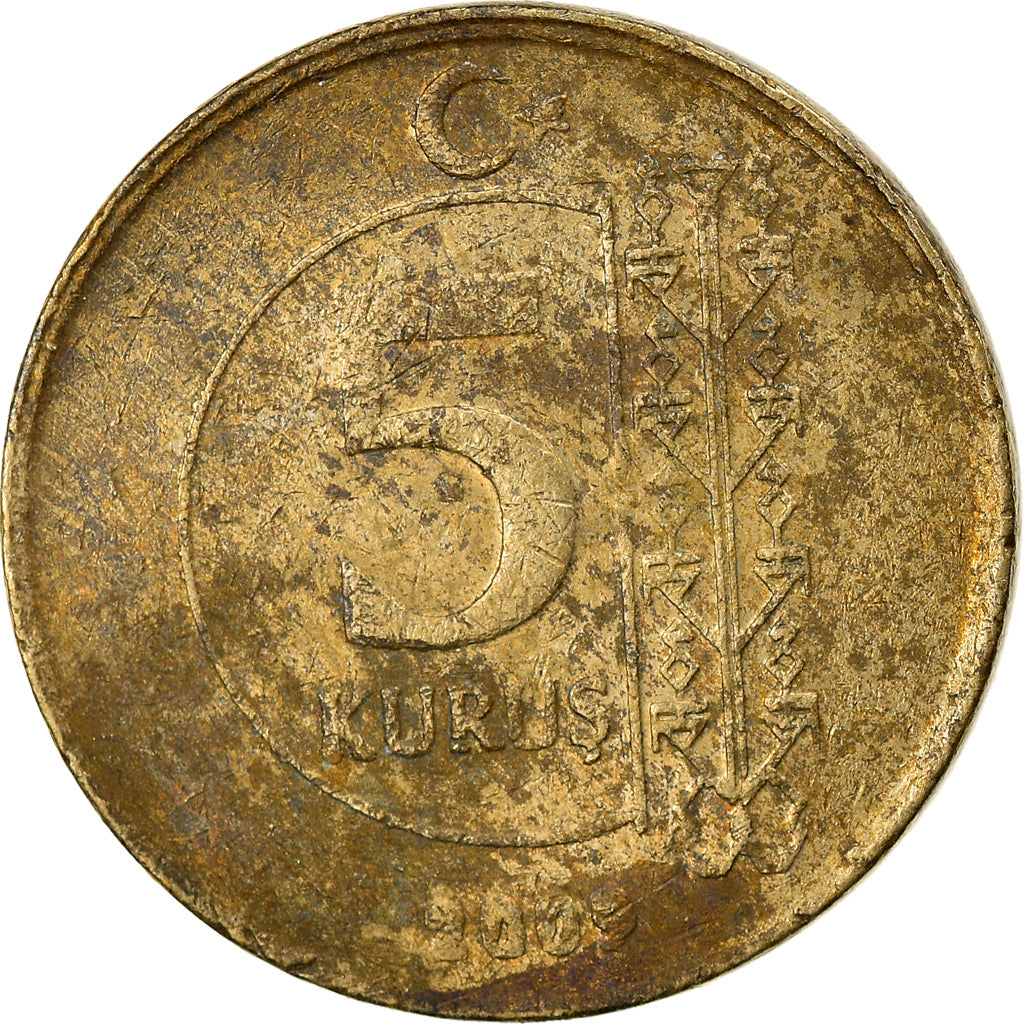 Munten, Turkije, 5 Kurus, 2009, FR+, Tin, KM:1240